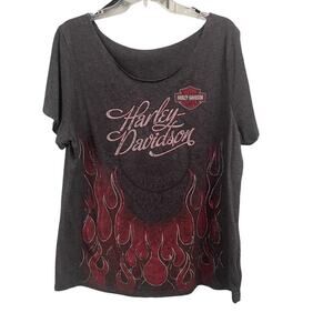 Harley Davidson Womens 1X Wide Neck Tee Biker Metallic Motorcycle Grunge Flames